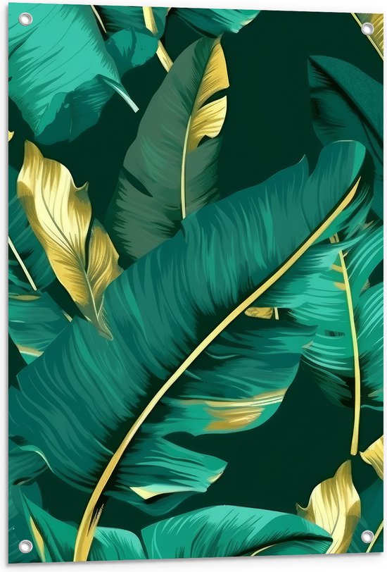 Tuinposter – Groene Palmbladeren met Gouden Details - 60x90 cm Foto op Tuinposter (wanddecoratie voor buiten en binnen)
