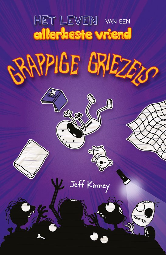 Couverture de "Het leven van een allerbeste vriend 3 - Grappige griezels" avec un garçon, un ours en peluche, une lampe de poche et des monstres.