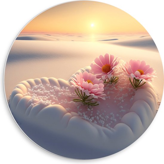 PVC Schuimplaat Muurcirkel - Roze Bloemen in Hart van Sneeuw in Besneeuwd Landschap - 50x50 cm Foto op Muurcirkel (met ophangsysteem)