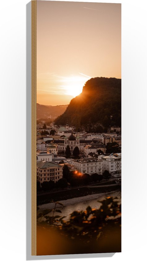 Hout - Bergen - Water - Zonsondergang - Planten - Bomen - Huizen - Gebouwen - 30x90 cm - 9 mm dik - Foto op Hout (Met Ophangsysteem)