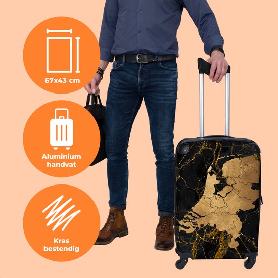 NoBoringSuitcases.com® Valise grande - Carte - Nederland Goud - Marbre - Or - Aspect marbre - Valise trolley avec serrure TSA - Avec roulettes - 90 litres - Valise de voyage - 66 cm - Hardcase