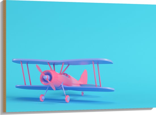 Hout - Roze met Paars Zweef Vliegtuig op Blauwe Achtergrond - 100x75 cm - 9 mm dik - Foto op Hout (Met Ophangsysteem)