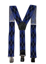 Flores Lederwaren - Heren - Dames Bretels – 3 brede stalen clips bretel - Unisex volwassenen -Motorrijders – Spijkerbroek – Beroepskleding – Skikleding – Kleur/Motief: Royal Blue geruit.