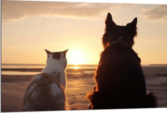 Dibond - Kat en Hond op het Strand Kijkend naar Zonsondergang - 120x80 cm Foto op Aluminium (Met Ophangsysteem)