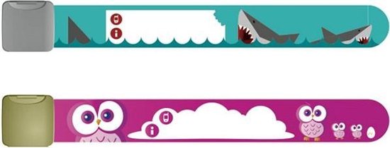 Infoband polsbandjes - Set van 2 SOS naambandjes voor kinderen - 1 x Haaien en 1 x Uiltjes