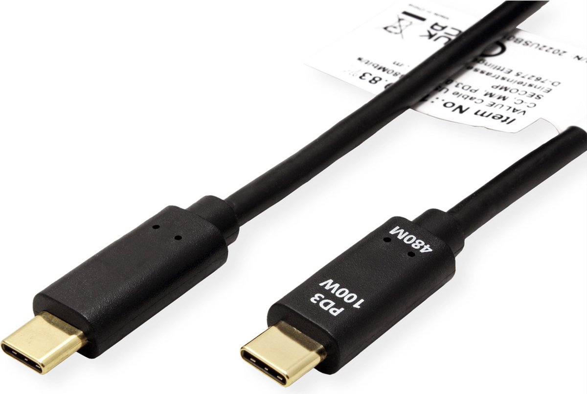 VALUE USB 2.0 Kabel, C-C, M/M, 100W, zwart, 1 m