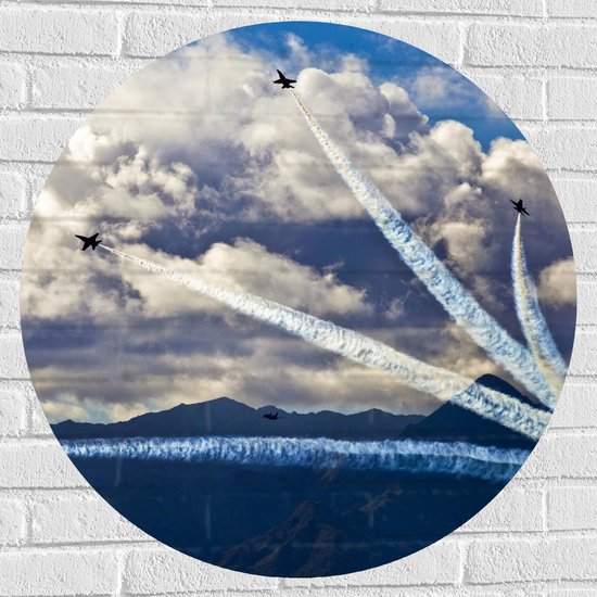 Muursticker Cirkel - Vliegshow van Straaljagers in Verschillende Richtingen - 80x80 cm Foto op Muursticker