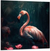 Dibond - Exotische Roze Flamingo in het Water bij Roze Lelies - 100x100 cm Foto op Aluminium (Met Ophangsysteem)