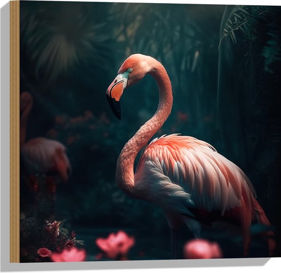 Hout - Exotische Roze Flamingo in het Water bij Roze Lelies - 50x50 cm - 9 mm dik - Foto op Hout (Met Ophangsysteem)