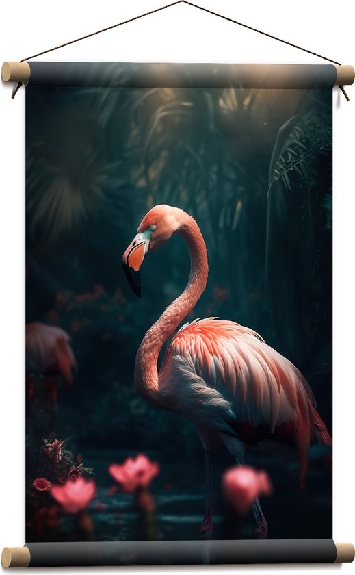 Textielposter - Exotische Roze Flamingo in het Water bij Roze Lelies - 40x60 cm Foto op Textiel