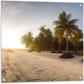 Tuinposter – Felle Zonnestralen over het Strand en Palmbomen - 80x80 cm Foto op Tuinposter (wanddecoratie voor buiten en binnen)