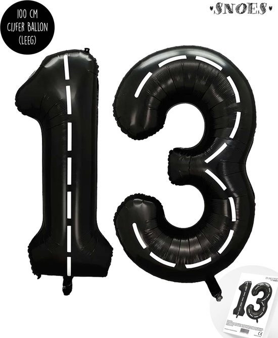 Cijfer Helium Folie Ballon XXL - 13 jaar cijfer - Zwart - Wit - Race Thema - Formule1 - 100 cm - Snoes