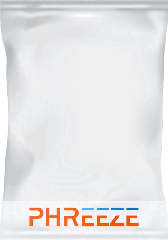 Witte plastic verpakking met het 'PHREEZE' logo in oranje en blauw op de voorkant.