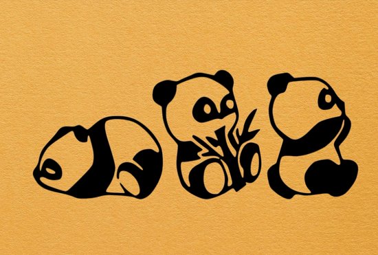 Djemzy - muurdecoratie woonkamer - kinderkamer - babykamer - wanddecoratie - hout - zwart - dieren - 3 panda's - klein - 3 delig - 6 mm mdf