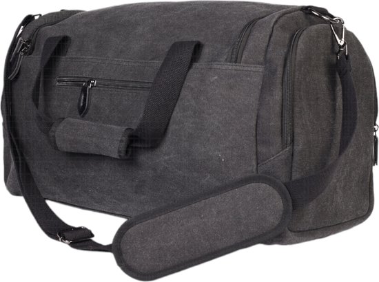 Yakfield - Reistas - Weekendtas - Kado - Dames en Heren - Canvas - Vintage Zwart Antraciet Grijs - Compact middelgroot model - 35 liter Duffelbag - 5 Opbergvakken - RFID block vakje - 52x30x20 cm
