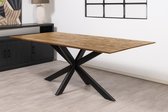 Floor tafel met rechthoekig Mango houten blad van 180 x 90 cm met facetrand aan onderzijde. Bladkleur naturel gezandstraald afgewerkt. Onderstel is een spinpoot in de kleur zwart.