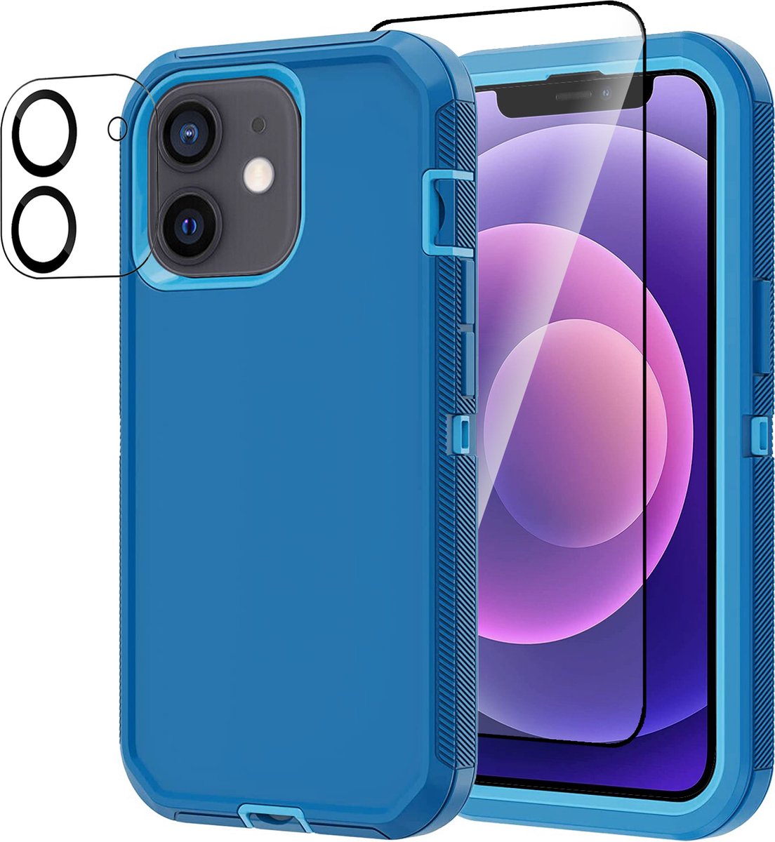 Stravo Heavy Duty iPhone 12 case met Screen Protector en Lens Protector - Blauw - Dustproof shockproof telefoonhoes cover bestaande uit 3 lagen inclusief schermbeschermer en lensbeschermer - Geschikt voor Apple iPhone 12