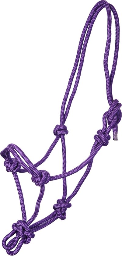 Paars halstertouw met knopen, geschikt voor pony's.