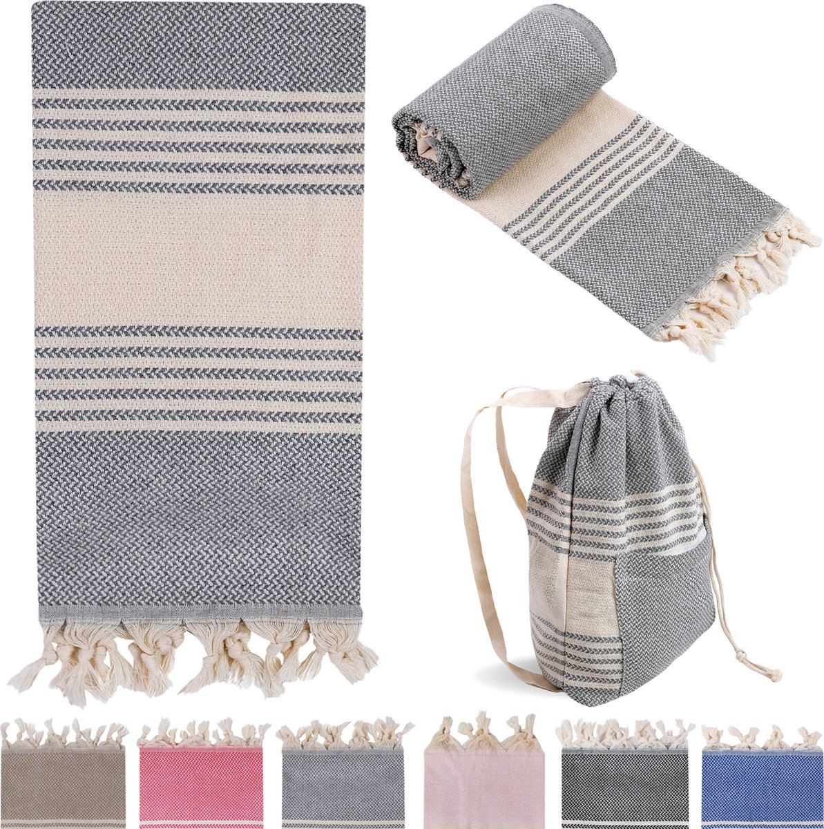 Combi Hamamdoek met Strandtas Grijs Strandlaken %100 Katoen XL 100x180cm Reishanddoek Beachbag Grote Tas Schoudertas Zwemtas Badlaken Groot Douchelaken Pestemal Fouta Pareo Yoga