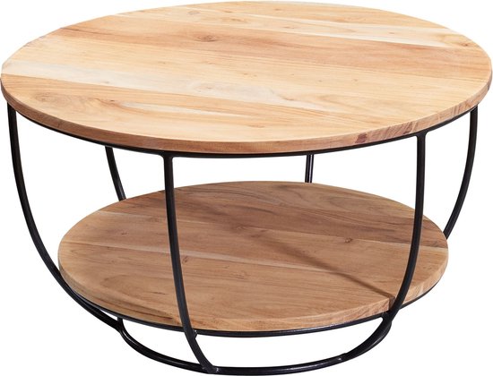 Table basse Rootz 60x34,5x60 cm en bois massif d'acacia - Table basse en métal - Table de salon Design ronde - Table lounge Industrial Brown - Table avec étagère