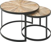 Rootz Nesting Tables - Rond Design - Set van 2 Bruine Salontafel met Metalen Poten - 2-delige Placemat Nesting Table in Hout en Zwart Metaal - Mango Massief Hout