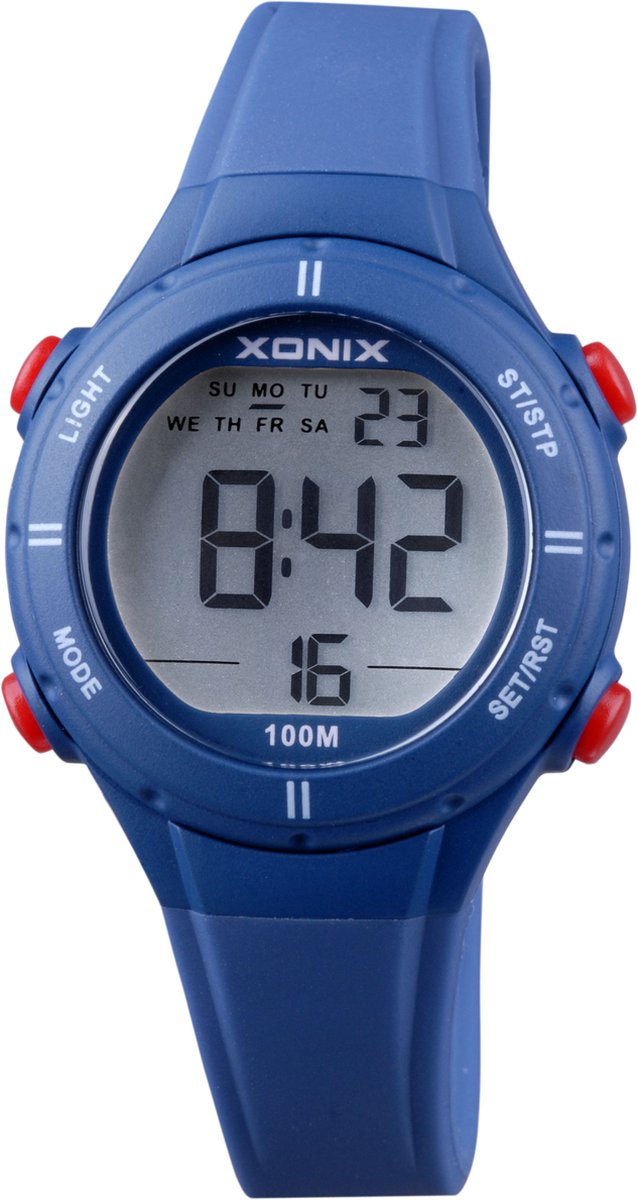 Xonix BAI-A05 - Horloge - Digitaal - Kinderen - Unisex - Siliconen band - ABS - Cijfers - Achtergrondverlichting - Alarm - Start-Stop - Tweede tijdzone - Datumaanduiding - Waterdicht - 10 ATM - Blauw