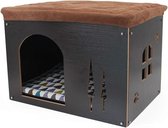 Houten hondenhok met matras, afneembaar kattenhuis in de vorm van schoenkruk, interieur, hondenhok, huisdierhuis voor katten, puppy's, honden, kleine dieren, huisdiernest voor vier seizoenen, zwart