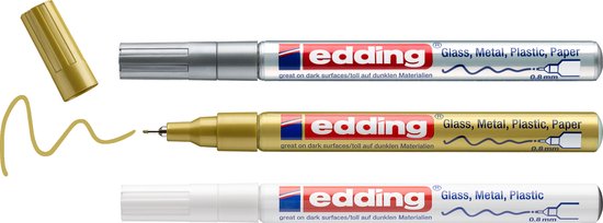 Drie edding lakmarkers: zilver, goud met een gouden veeg, en wit.