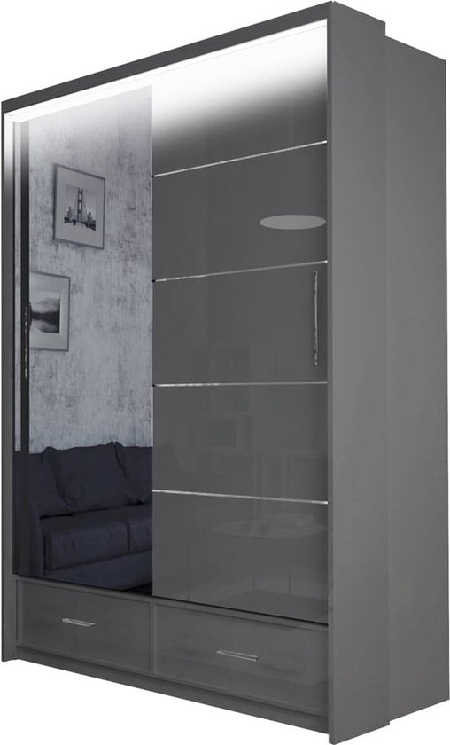 Original-Garderobe - Kast met laden Cylia LED 153 - grijs + spiegel - spiegelkast met schuifdeuren