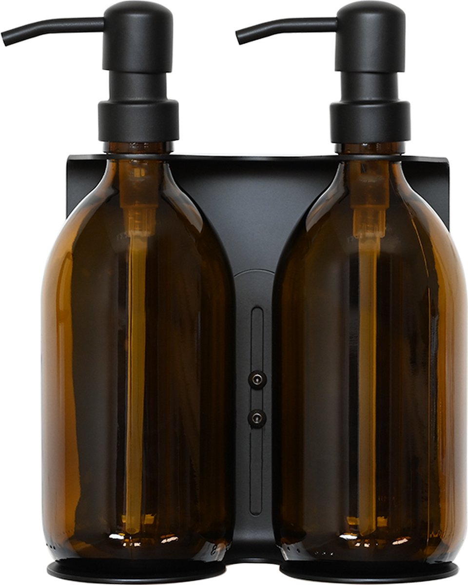 MONOKO Set van 4 zeepdispensers, zwart mat, van glas, shampooflessen om te vullen, 250 ml afwasmiddeldispenser keuken, dispenser pompkop roestvrij staal, pompfles sticker