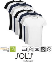 10 Pack Sol's Heren T-Shirt 100% biologisch katoen Ronde hals Zwart, Donker Blauw, Grijs, Lichtgrijs gemeleerd, wit Maat 3XL