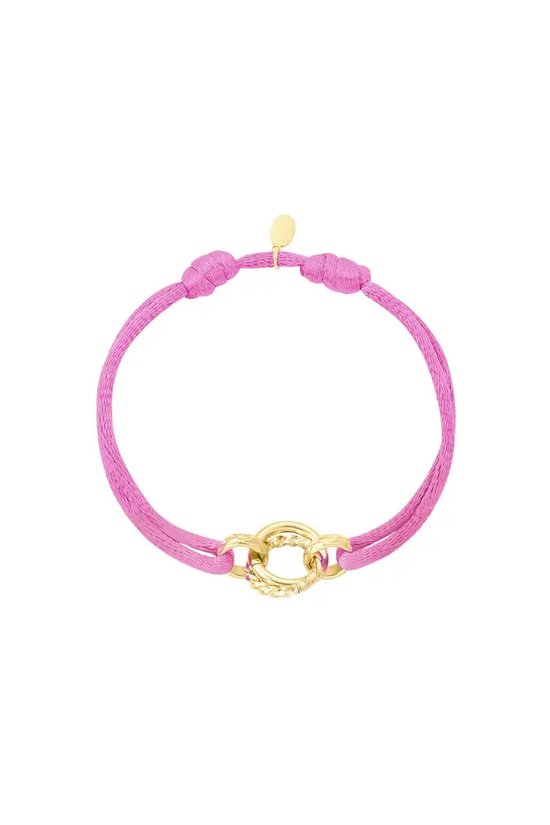 Satijnen koord armband cirkel roze & Goud RVS