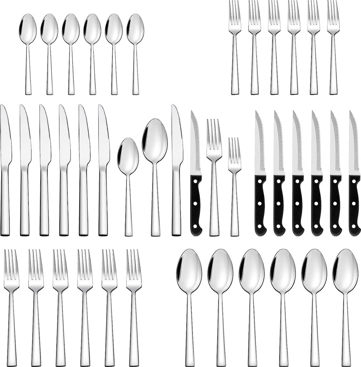 Bestekset voor 6 personen, 36-delige roestvrij stalen bestekset met steakmes, elegante bestekset met mes, vork, lepel, tafelbestek voor thuis, feest, restaurant, vaatwasmachinebestendig en roestvrij