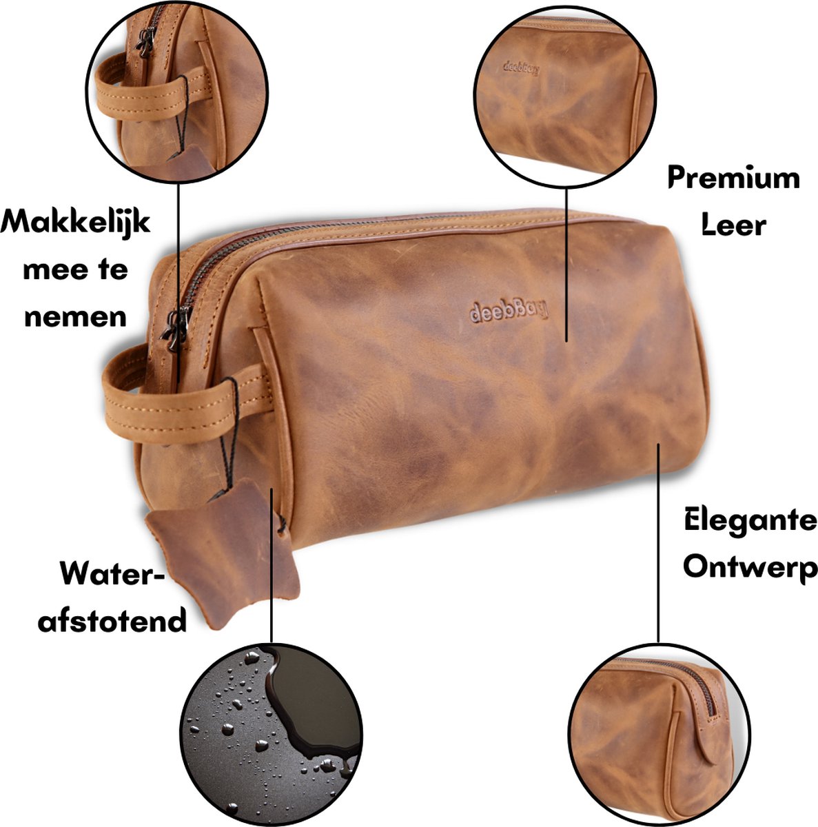 deebBag Premium - Trousse de Toilette en Cuir - Large - Femme et Homme -  100% Cuir 