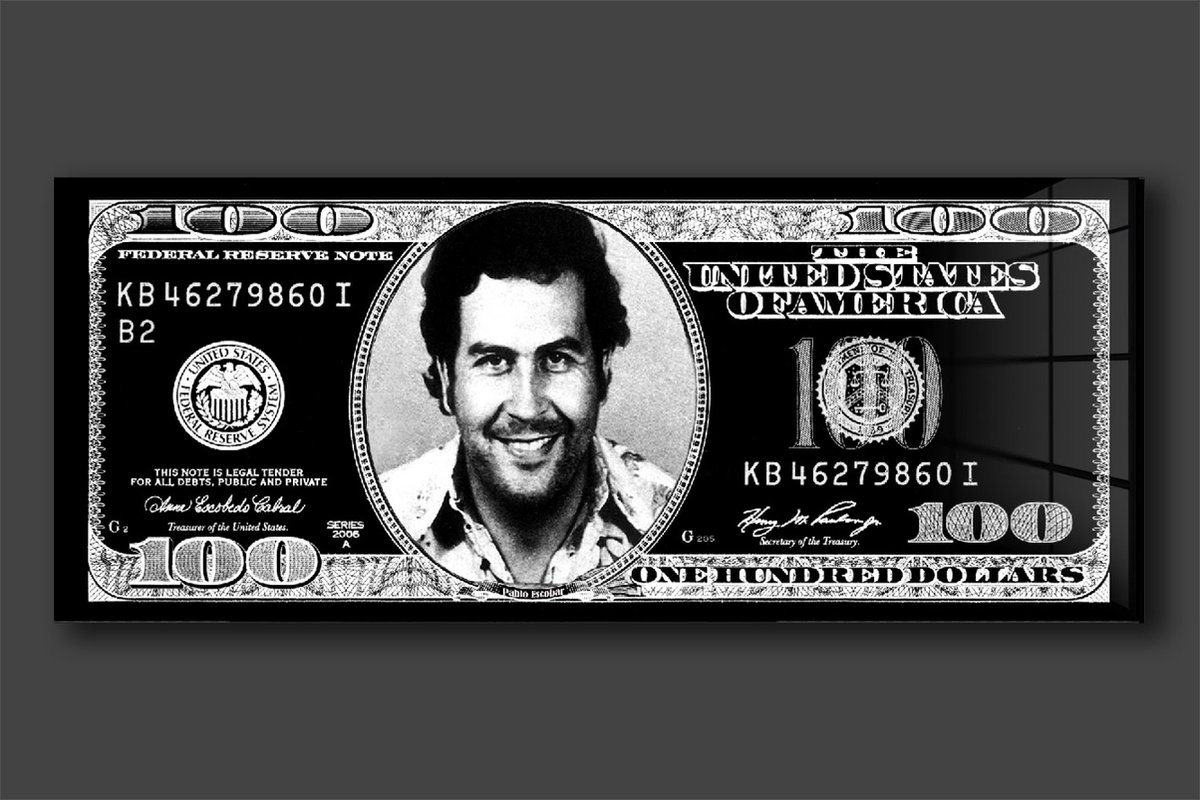 Pablo on dollar schilderij op plexyglas120x50cm