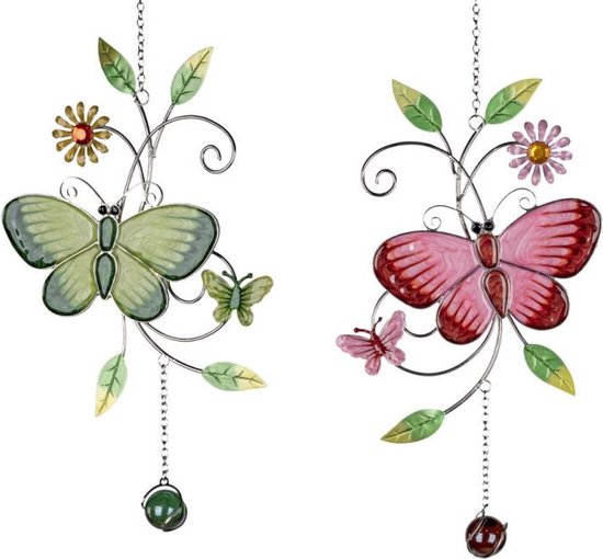 Raamhanger Tiffany Stijl - vlinder met bloem - 15x28 cm - raamdecoratie 1 willekeurige kleur hanger