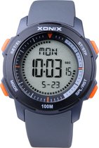 Xonix DAY-003 - Horloge - Digitaal - Unisex - Rond - Siliconen band - ABS - Cijfers - Achtergrondverlichting - Alarm - Start-Stop - 12/24 - Tweede tijdzone - Datumaanduiding - Waterdicht - 10ATM - Grijs - Zwart - Oranje