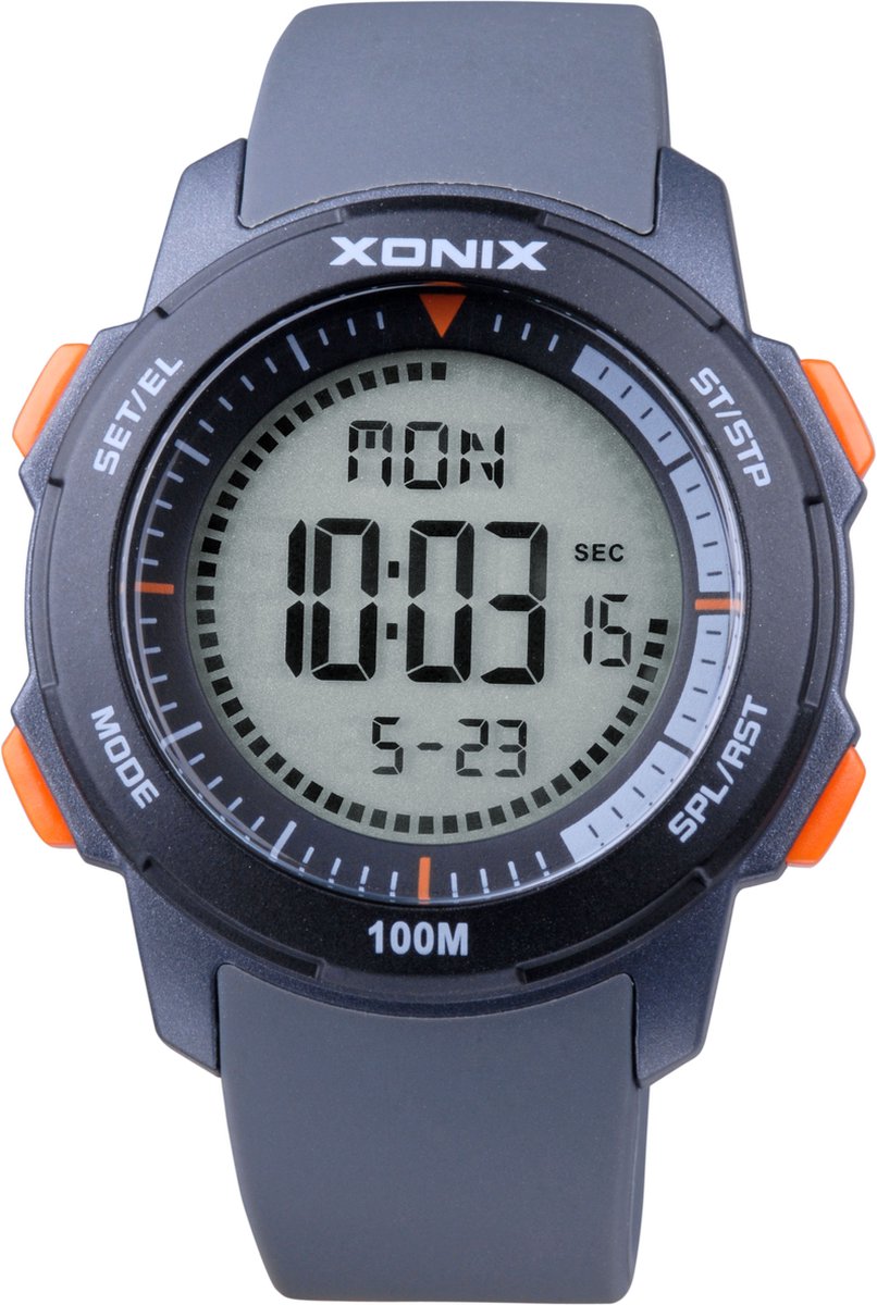 Xonix DAY-003 - Horloge - Digitaal - Unisex - Rond - Siliconen band - ABS - Cijfers - Achtergrondverlichting - Alarm - Start-Stop - 12-24 - Tweede tijdzone - Datumaanduiding - Waterdicht - 10ATM - Grijs - Zwart - Oranje