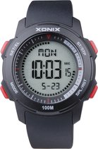 Xonix DAY-006 - Horloge - Digitaal - Unisex - Rond - Siliconen band - ABS - Cijfers - Achtergrondverlichting - Alarm - Start-Stop - 12/24 - Tweede tijdzone - Datumaanduiding - Waterdicht - 10ATM - Zwart - Rood