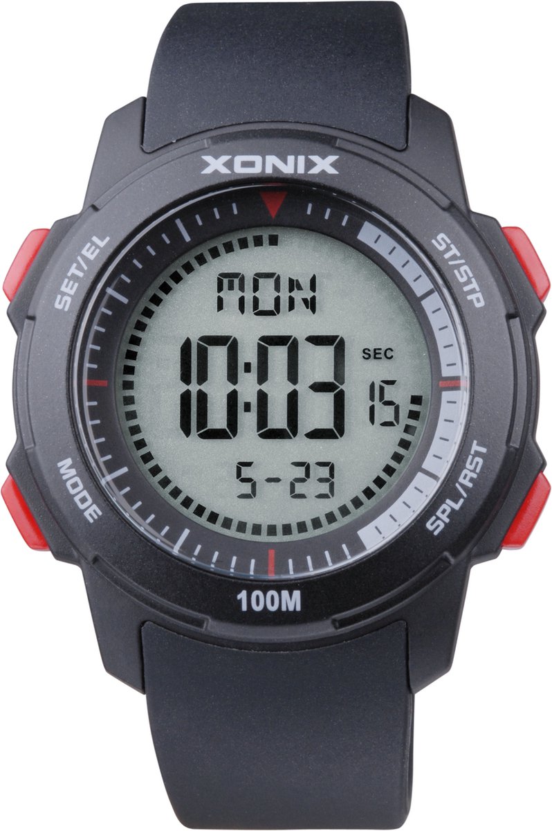 Xonix DAY-006 - Horloge - Digitaal - Unisex - Rond - Siliconen band - ABS - Cijfers - Achtergrondverlichting - Alarm - Start-Stop - 12-24 - Tweede tijdzone - Datumaanduiding - Waterdicht - 10ATM - Zwart - Rood
