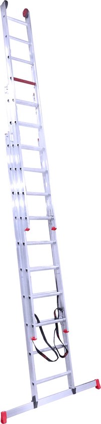 Lichtgewicht aluminium reformladder met rode doppen, uitgeschoven tot 6.65m.