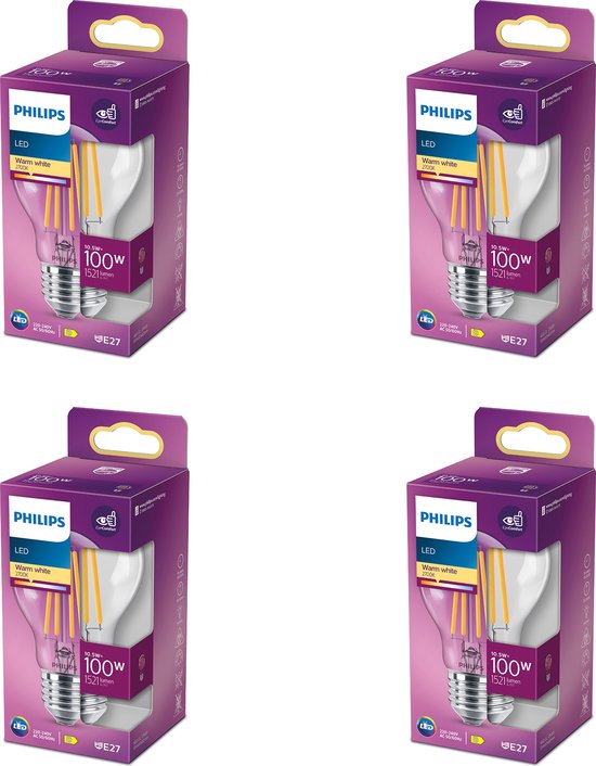 Philips LED Lampen E27 - 100W - Warmwit Licht - Niet Dimbaar - 4 Stuks - Bespaar op je Energiekosten - Voordeelverpakking