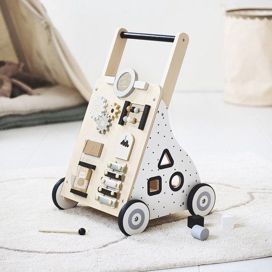 Petite Amélie ® Houten Loopwagen 1 jaar - Babywalker als Looptrainer - Stimuleert Motoriek & eerste Stapjes - Eindeloos Speelplezier (van Xylofoon, Vormenstoof tot Spiegeltje) - Naturel