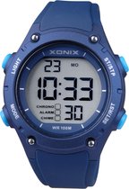 Xonix DAZ-004 - Horloge - Digitaal - Mannen - Rond - Siliconen band - ABS - Cijfers - Achtergrondverlichting - Alarm - Start-Stop - 12/24 - Tweede tijdzone - Datumaanduiding - Waterdicht - 10ATM - DonkerBlauw - LichtBlauw