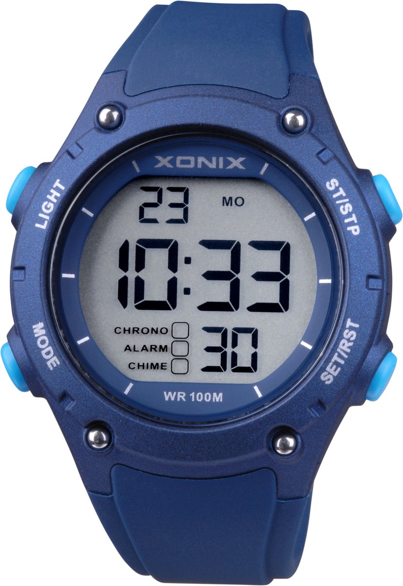 Xonix DAZ-004 - Horloge - Digitaal - Mannen - Rond - Siliconen band - ABS - Cijfers - Achtergrondverlichting - Alarm - Start-Stop - 12/24 - Tweede tijdzone - Datumaanduiding - Waterdicht - 10ATM - DonkerBlauw - LichtBlauw