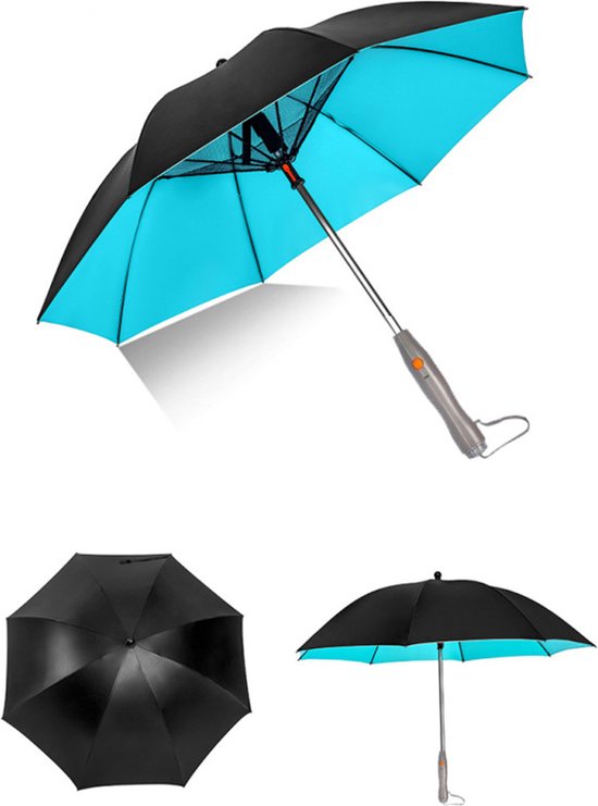 Multifunctionele paraplu met ventilator, sprayer en UV-bescherming50+ -USB oplaadbare paraplu-blauw