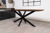 Floor tafel met gecurved Mango houten blad van 180 x 90 cm met facetrand aan onderzijde. Bladkleur bruin gezandstraald. Onderstel is een spinpoot in de kleur zwart.