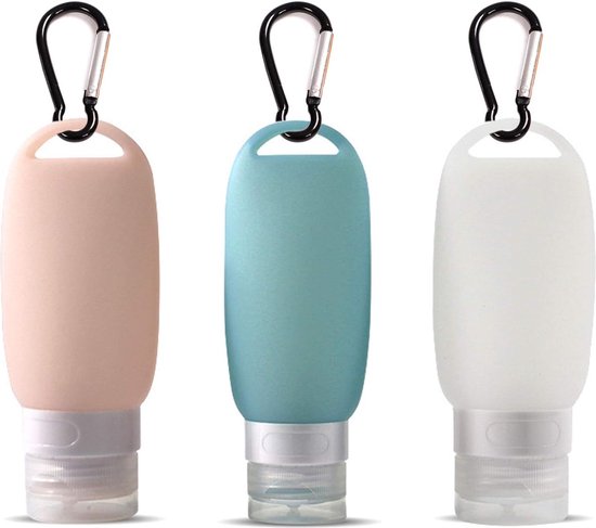 Besylo siliconen reisfles, lekvrije siliconen reisflessen set, draagbare navulbare fles, cosmetische flessen, met karabijnhaak, voor reizen, outdoor-activiteiten, school (3 stuks, veelkleurig, 60 ml)