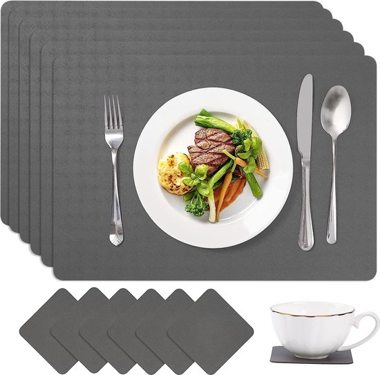 Placemats, 6 stuks, PUleer, afwasbaar, placemat en onderzetter, zwart