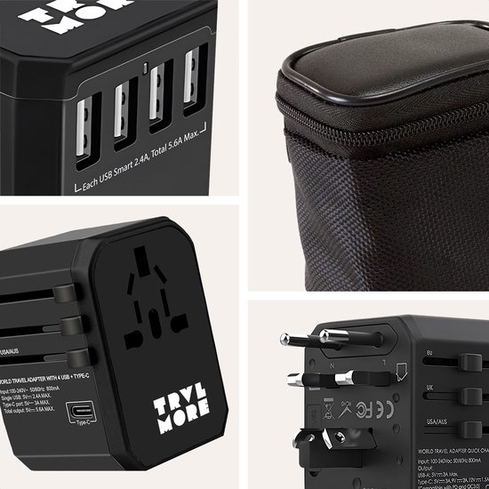 TRVLMORE Wereldstekker Universeel - Reisstekker - USB C en USB A - 150+ Landen - Engeland (UK), Amerika (USA), Azië, Australië, Afrika, Europa - Thailand, Italië, Canada, India, Mexico, Curaçao, Japan - Type A, B, C, E, F, G, I, J, L, N